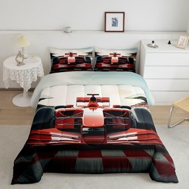 Manfei Racing Speed Sport Bed Comforter Set Queen Size,Cool Racing Car Super Soft Microfiber Bedding Set for Adults Teens,3D Red Formula Car Comforter Set,2 Pillowcases
