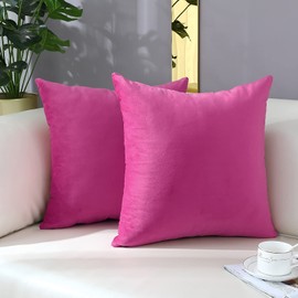 mixeoo Comfy Hot Pink Throw Pillow Covers Decorative Square Solid Thick Velvet Super Soft Cushion Cases Home Decor for Sofa Couch Living Room Chair, Set of 2, 16 x 16 Inch