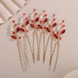 Teyglen 6pcs Red Rhinestone Wedding Hair Pins Bridal Crystal Hair Piece for Bride Women Party Prom Hair Pins Clips Wedding Hair Accessories Shiny Headpiece(Red)