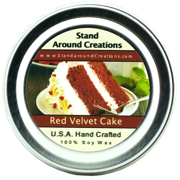Premium 100% All Natural Soy Wax Aromatherapy Candle - 2 oz Tin Red Velvet Cake: Red Velvet Cake Fragrance is a savory and decadent blend of chocolate cake with sweet cream cheese frosting. Strong and sweet, this is sure to be your new favorite cake scent