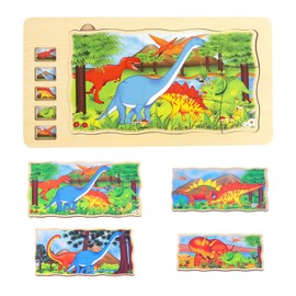 Wooden Puzzles for Kids,5 Layers of Dinosaurs Puzzle,5 Kinds of Dinosaur Jigsaw Puzzle, Montessori Learning Toys for Boys Girls Ages 3-8 (Dinosaur)