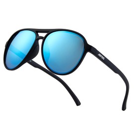 Jefoo Polarized Aviator Sunglasses for Women Men Retro Trendy Sports Sunglasses for Outdoor UV400 Protection, Black Frame / Mirrored Ice Blue Lens, 5.51inch*5.51inch*1.97inch