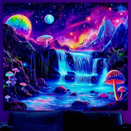 WEBEEDY Glow in The Dark Waterfall Tapestry Purple Galaxy Mushroom Landscape Tapestries UV Reactive Aesthetic Glowing Tapestry for Bedroom Living Room Wall Hanging,51.2x 59.1/130x150cm