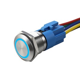 19mm IP67 Waterproof SPDT Push Button Switch 12V DC CE/ROHS - Metal Latching 1NO1NC Blue LED, On-Off Switch - Pre-Wired Socket Plug for Car, Boat, Marine（Sliver Shell）