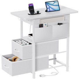 Yenlure Small Side Table with Charging Station, Narrow Nightstand Bedside Tables with Storage Pocket for Living Room Bedroom, Sofa End Table with USB Ports and Power Outlets for Small Spaces