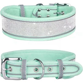 haoyueer Rhinestone Dog Collar, Dazzling Sparkling Soft Suede Reflective Large Dog Collar Crystal Diamond Collar for Medium & Large Dogs (M:15-19", Green)