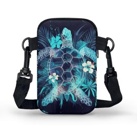 Jolamirel Tropical Turtle Flowers Travel Crossbody Bag Deep Blue Cell Phone Shoulder Bag, Sea Turtle Hibiscus Small Wallet Purses with Strap Travel Handbags