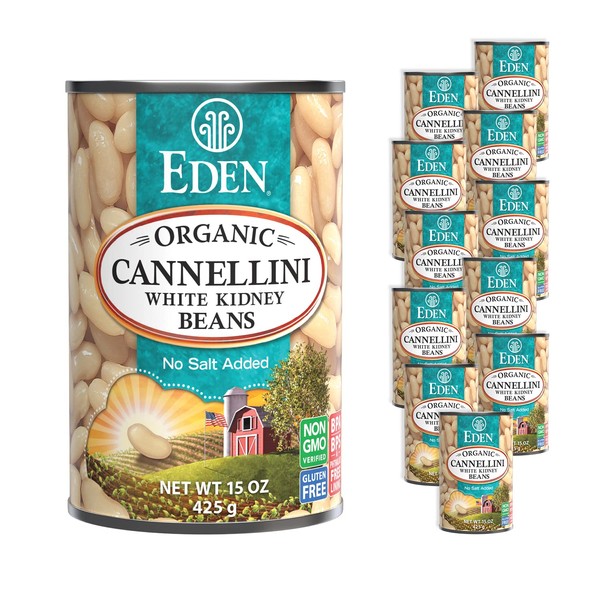 Eden Organic Cannellini Beans, 15 oz Can (12-Pack), No Salt Added, Non-GMO, Gluten Free, Vegan, Kosher, U.S. Grown, Heat and Serve, Macrobiotic, White Kidney Beans, Italian White Beans, Fagioli, Italian Kidney Bean