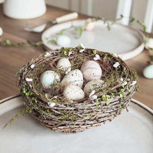 Lights4fun Easter Egg Nest with Moss Easter Decoration Easter Eggs Indoor 15 cm