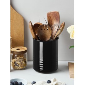 ABRUTY Utensil Holder, 6.7" Ceramic Kitchen Utensil Crock for Countertop Cooking, Modern Utensil Caddy Jar Organizer for Farmhouse Kitchen Counter Decor (Black)