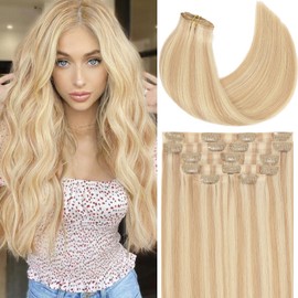Loxxy Seamless Extensions Clip in Human Hair 16inch Seamless Clip in Hair Extensions Real Human Hair Pu Weft Blonde Hair Clip Extensions for Women Golden Brown Mixed Platinum Blonde 12/60A 110g 7pcs