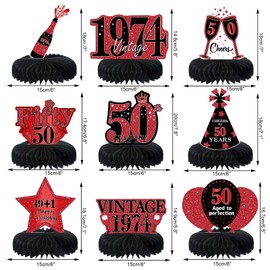 Voxisroma Decoration 50th Birthday Man Woman, 9 Pieces Red Black Honeycomb Centrepiece Table Decoration Birthday, 50th Birthday Decoration, 50th Birthday Party Decoration, Gifts for Men Women Birthday