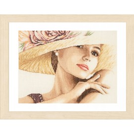 Lanarte Zählmusterpackung Dame mit Hut Leinen Kreuzstichpackung, Baumwolle, Mehrfarbig, 36.0 x 28.0 x 0.30 cm