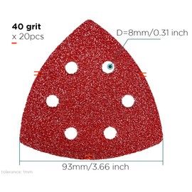 YoiYee 40 Grit Delta Sanding Sheet, Hook and Loop Triangle Sandpaper Pad, Sand Paper Disk, 6 Holes, 93 x 93 x 93mm, 20 Pack