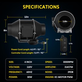 Simple Deluxe 4 Inch 214 CFM Ventilation Fan EC Motor, with 10-Speed Controller, Suitable for Heating Cooling Booster, Hydroponics, Grow Tents, Black