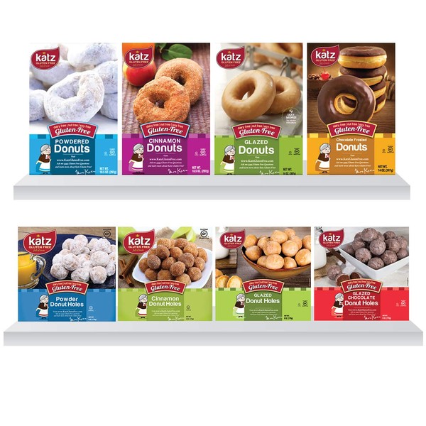 Katz Gluten Free Donuts & Donut Holes Top 8 Flavors Variety Pack | Gluten Free, Dairy Free, Soy Free, Nut Free | Powdered, Glazed, Cinnamon, Glazed Chocolate | Kosher (1 Pack of each, 8 Total))