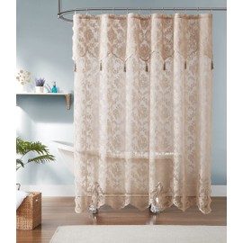 WARM HOME DESIGNS Linen Shower Curtain with Attached Valance and Elegant Tassels. Standard Size 72 x 72 Lace Shower Curtain for Bathroom. Luxury Shower Curtain For Unique Bathroom Decor. MSH Linen 72"