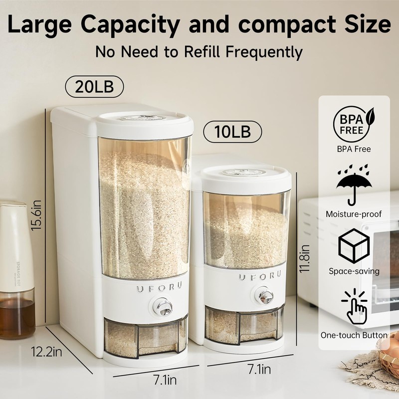 UFORU Rice Dispenser 20 lbs | Large Rice Storage Container