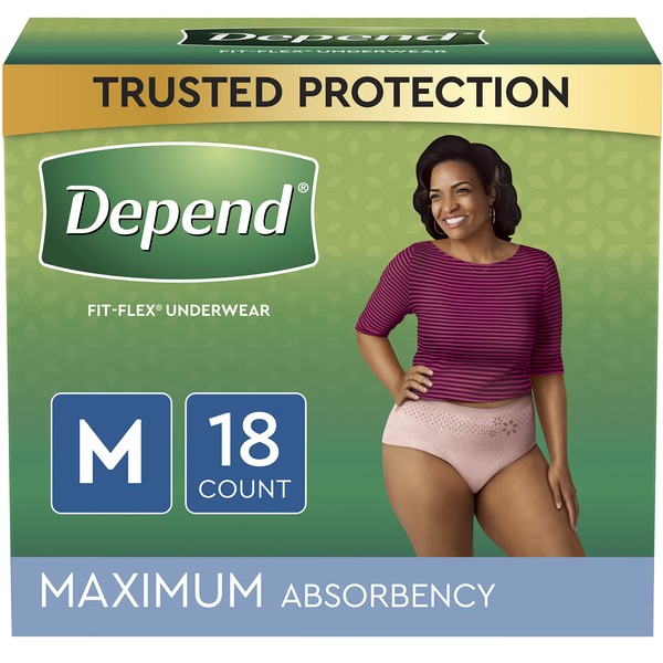Depend FIT-FLEX Incontinence Underwear for Women, Disposable, Maximum Absorbency, Medium, Blush, 18 Count