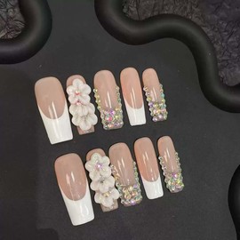 10Pcs Press On Nails Handmade Nails Long Square Fake Nails 3D Flower With Rhinestone Design French Tip False Nails Full Cover Acrylic Glue On Nail Reusable Stick On Nail For Women(SIZE:S)
