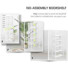 4NM No-Assembly Folding Bookshelf Storage Shelves 5 Tiers with 2 Drawers Vintage Bookcase Standing Racks Study Organizer Home Office (All White)