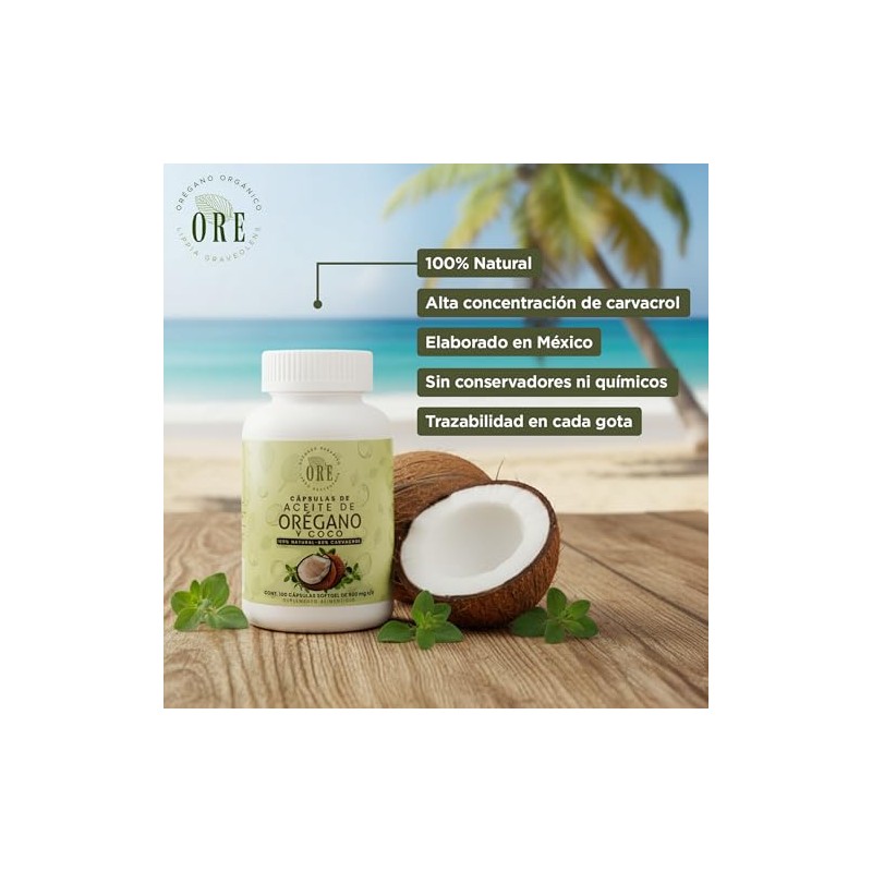 ORE Aceite de Orégano y Coco, 100 Cápsulas Softgel, 500