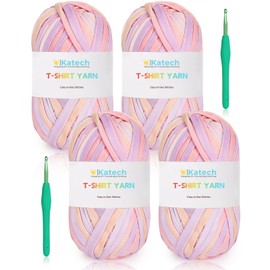 Katech 130 Yards Tshirt Crochet Yarn for Crocheting, 400g Spaghetti Yarn Fabric Cloth Yarn for DIY Knitting Handmade Basket Cushion Decor, Easy Yarn for Beginners (Pink-Purple)