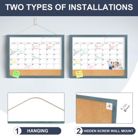 Whiteboard Calendar & Corkboard for Wall, 17"x13" Dry Erase Monthly Calendar with Wood Framed, Magnetic White Board Cork Board Combo, Calendar Bulletin Board for Home Office Kitchen Memo Planner