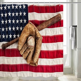 DYNH Baseball Shower Curtains, Baseball Bat Glove on a Vintage American Flag Bath Curtain, Waterproof Polyester Fabric Bathroom Curtain with 12 Hooks, 69X70 Inches