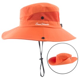 Muryobao Women's Ponytail Sun Hat UV Protection Foldable Mesh Wide Brim Beach Fishing Hat, Pure Orange, One Size
