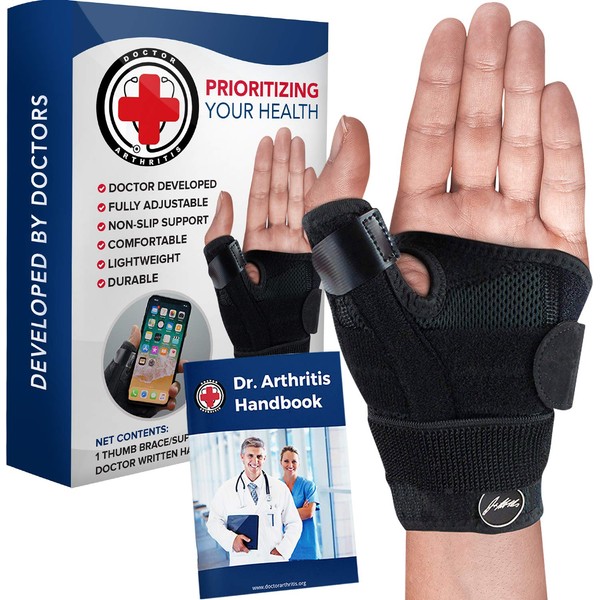 Doctor Developed Thumb Brace / Thumb splint / Thumb spica splint / Thumb Stabilizer for Men and Women -Registered Class I Medical Device & Doctor Written Handbook - For right and left hand, arthritis pain and support, tendonitis, cmc, de quervains (Black,