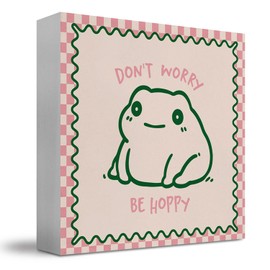 JUIOEIU Frog Decor, Don't Worry Be Hoppy Pink Checkered Wooden Box Sign, Cute Frog Wood Block Sign for Home Office Desk Shelf Tabletop, 5x5 Inch