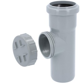 PP cleaning pipe, inspection pipe, diameter DN 50 mm, grey HT pipe with inspection opening, rubber sealing rings, screw cap, drain pipe, gutter, rain pipe, hot water, chemical resistance, waste water