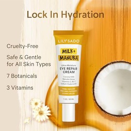 Crema reparadora para ojos MILK+MANUKA™, fórmula suave natural antienvejecimiento con leche de coco, miel de manuka, hialuronato de sodio y vitaminas 
