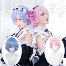 Nouko Rizero Cosplay Wig, Rem & Lamb Wig, Cosplay, Heat Resistant, Wig, Costume Accessory, Disguise Wig with Net, Events, Costume, Cultural Festivals, Re:Zero - Starting Life in Another World