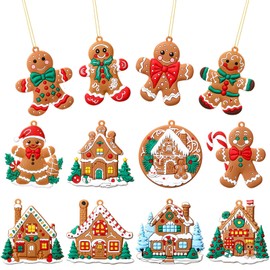 Zomiboo 24psc 3" Gingerbread Christmas Ornaments Gingerbread Tree Ornaments Gingerbread House Candy Cane Santa Claus Plastic Figurines for Xmas Tree Hanging Decor(Gingerbread, House, Gingerbread)