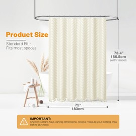 BTTN Boho Farmhouse Shower Curtain, Tufted Chevron Striped Bath Curtains with Tassel, Durable and Washable, Vintage Bohemian Rustic Ruffled Shower Curtain Set with 12 Hooks, 182 x 182cm, Beige/Cream