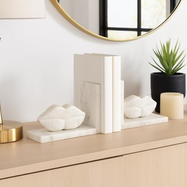 Bookends Shelf Decor for Book Accessories – Chic Heavy Duty Sculpted Marble Lips Bookends for Office, Desk, or Home Library – Unique Decorative Bookends Ideal for Book Organization;Set of 2 – 5" White