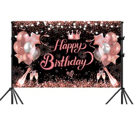 YinQin 180x120 cm Glitter Rose Golden Happy Birthday Party Backdrops Cloth 71x47 inch Pink Golden Bday Photography Backgrounds Black Rose Gold Happy Birthday Sign Banner Decorations for Girl Women