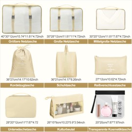 Suitcase Organiser Set, 9-Piece Packing Cubes, Waterproof Travel Garment Bags, Packing Cube Packing Bags Set for Travel with Transparent Toiletry Bag, Clothes Bags for Suitcase, Beige