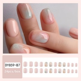 24Pcs Short Square Press on Nails with Marble Designs Glossy Blue Pink Glue on Nails Short Marble Fake Nails Gradient False Nails Cute Artificial Nails for Women and Girls Fingernail Manicure