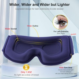 Widened 3D Sleep Mask for Big Head Lash Extensions, 100% Blackout Eye Mask for Sleep, Washable Soft Light Sleeping Mask with Adjustable Strap for Men, 0 Pressure Eye Cover with Earplug (Dark Blue)