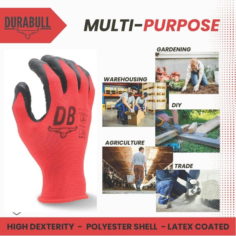 Durabull Latex Coated Work Gloves - Heavy Duty Protective Gloves