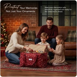 Covermates Keepsakes Adjustable Ornament Storage Bag – Heavy-Duty Polyester, Padded Dividers & FlexGrid Trays – Protective Holiday Ornament Organizer with Handles & Label Window, Red Snowflake