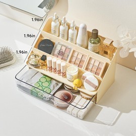 UFORU 3-Tier Display Riser with Large Detachable Drawer, Plastic Storage Shelf, Perfume and Cologne Organizer Stand, Makeup Organizer for Vanity, Bathroom, Office, Cream White