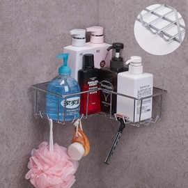 JS Shower Caddy Suction Corner Shower Shelf SUS304 Stainless Steel with 8 Hooks Shower Tidy Basket Shampoo Holder Storage Organizer for Bathroom & Kitchen Without Drill