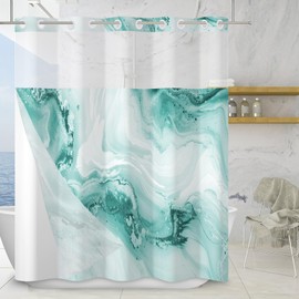 TYLCLTX No Hook Shower Curtain with Snap in Liner Teal Marble Modern Crack Ink Texture Double Layers Shower Curtain Waterproof Fabric See-Through Top Window Bathroom Decorative 71x74inch