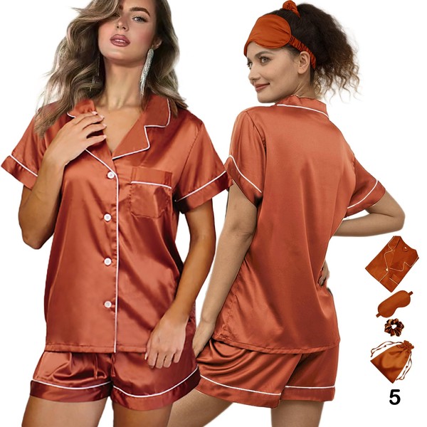 WJing Yi Jia 5Pcs Womens Soft Satin Pajama Set XS-4XL
