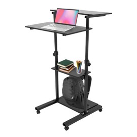 EurHomePlus Mobile Table Stand Up Desk with Storage, Mobile Height Adjustable Standing Work Station with Locking Wheels, Computer Workstation Rolling Presentation Cart (27” Black, with Wheels)