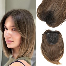 MORICHY Synthetic Hair Toppers for Thinning Hair, 12'' Hair Toppers with 6.5X6.5inch Big Base Cover for Adding Extra Hair Volume Soft Ombre Brown Toppers with Bang (Ombre Brown 3 color tone)